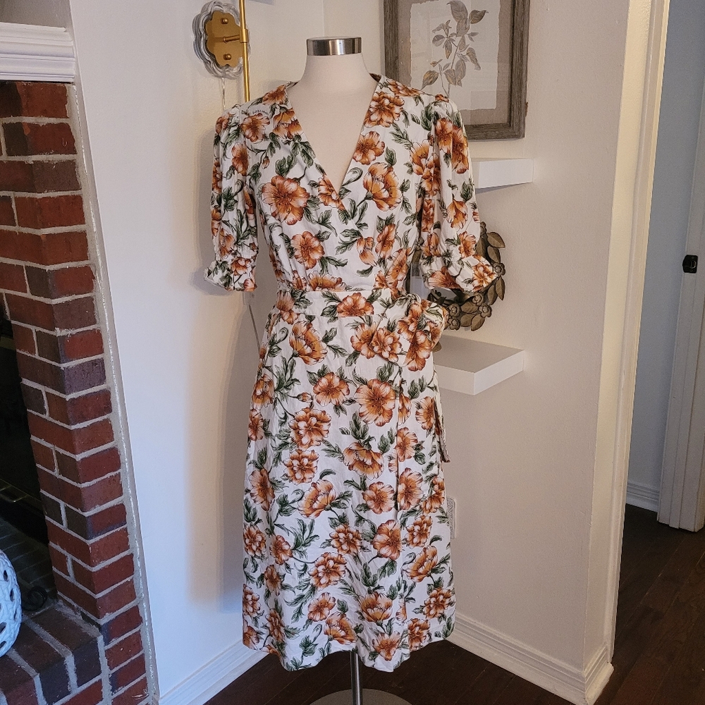 Happy Nature Floral Wrap Dress Size Medium Orange Ivory Green
